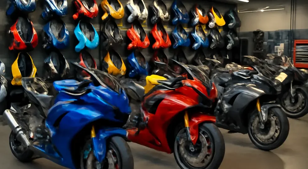 Showroom featuring diverse individual motorcycle fairings on sportbikes, exemplifying customization and aftermarket solutions.