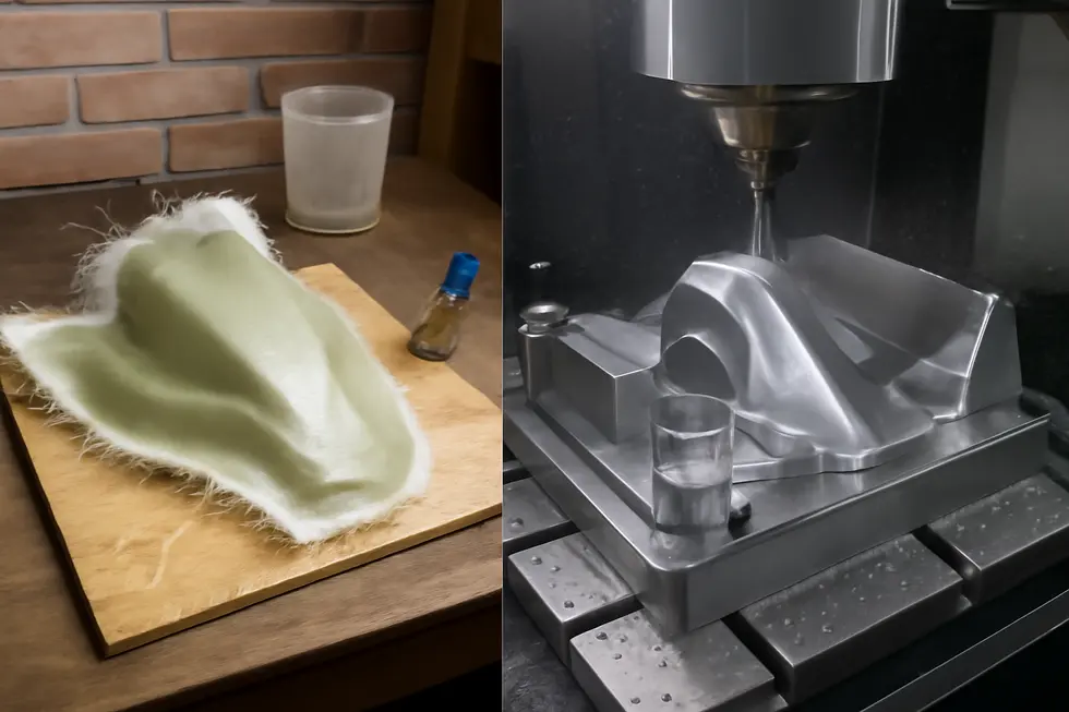 An artisan preparing a master motorcycle fairing model essential for mold making.