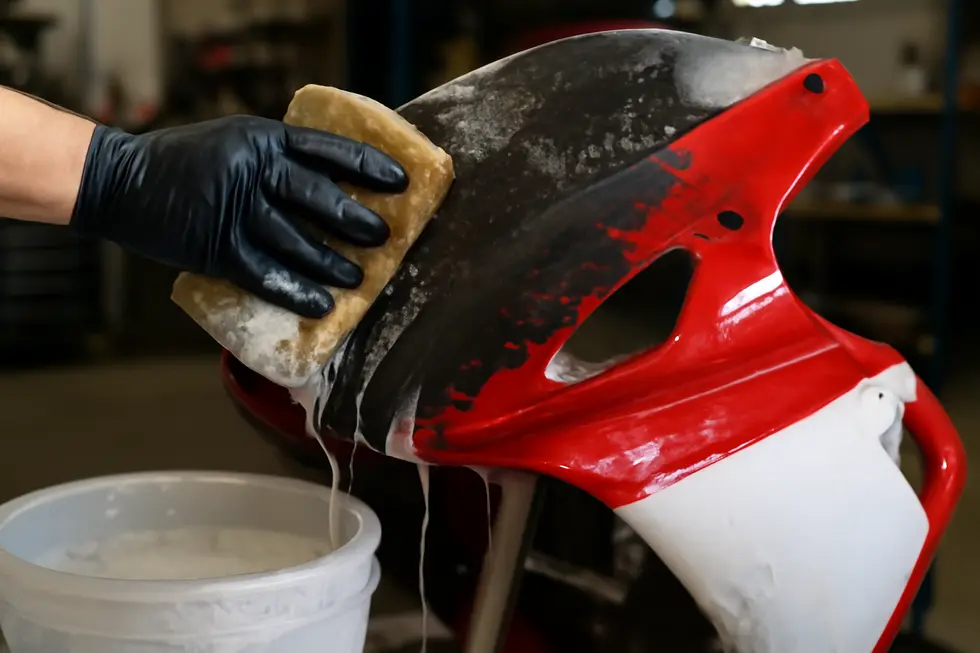 Thoroughly washing motorcycle fairings to remove dirt and contaminants before paint removal.