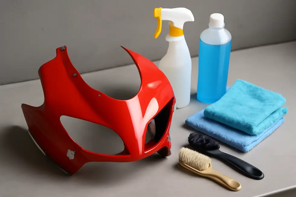 Thorough cleaning of motorcycle fairings prior to sanding removes contaminants for better adhesion.