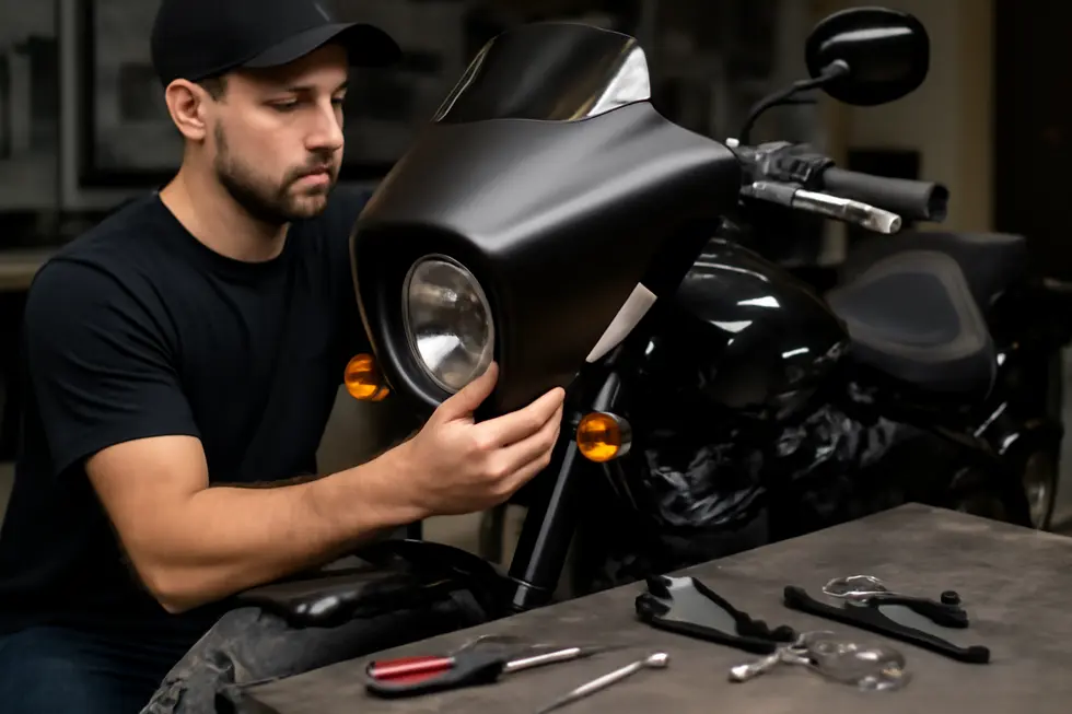 A photo illustrating the aerodynamic design features of a motorcycle fairing in a detailed workshop environment.