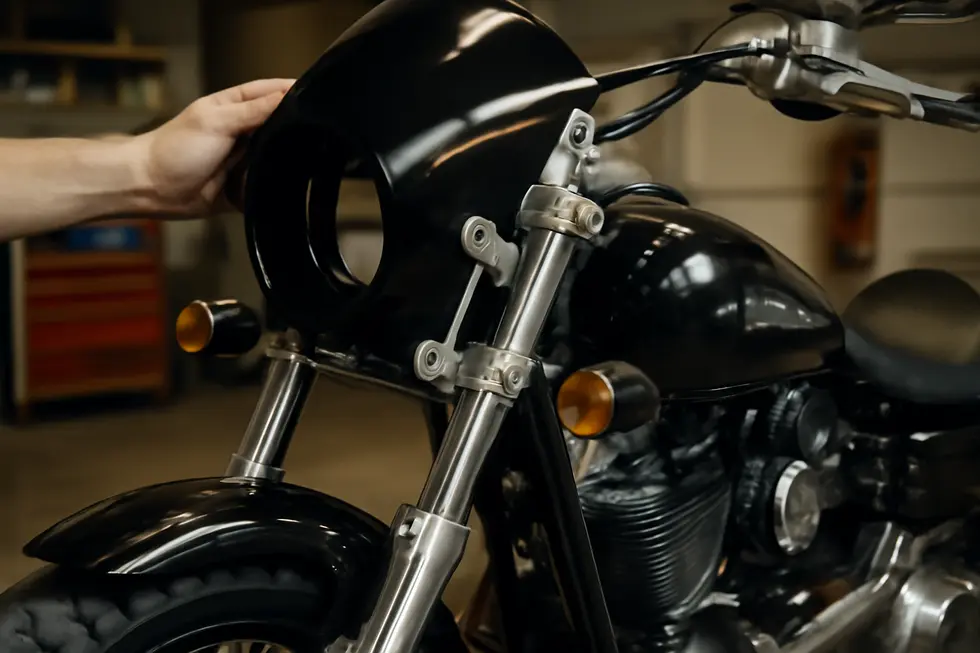 Aerodynamic contours of a classic bullet fairing optimized for wind deflection on a cruiser motorcycle.