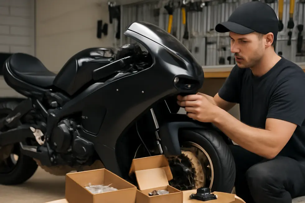 Detailed view of motorcycle fairing components displaying material variety and precision design features.