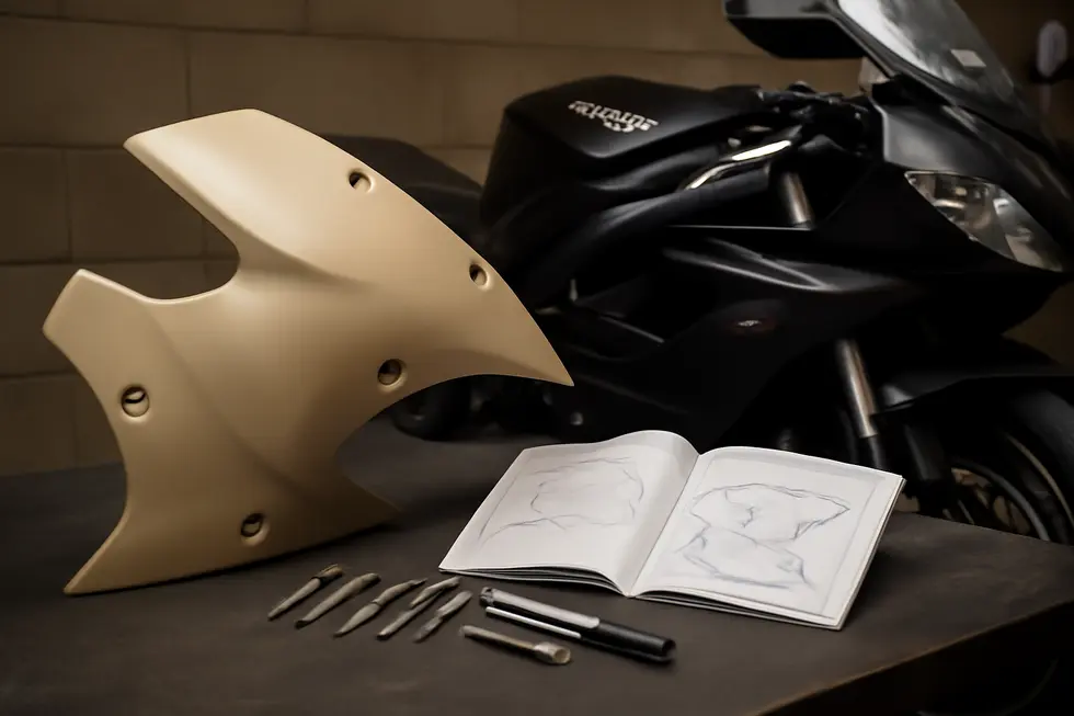A vivid display of motorcycle fairing options showcasing variety in brands, full kits, and individual panels available for business buyers.