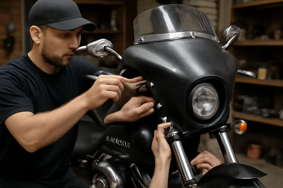 Artisans crafting custom fiberglass motorcycle fairings, demonstrating the hands-on molding and curing stages.