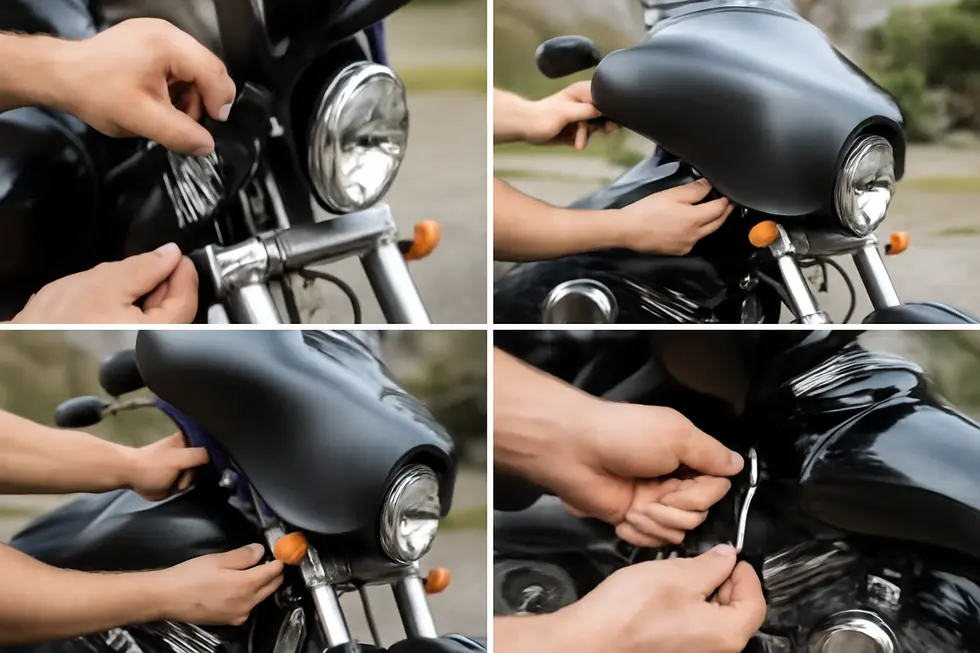 Close-up display of ABS plastic, fiberglass, and carbon fiber materials used in cruiser motorcycle fairings.