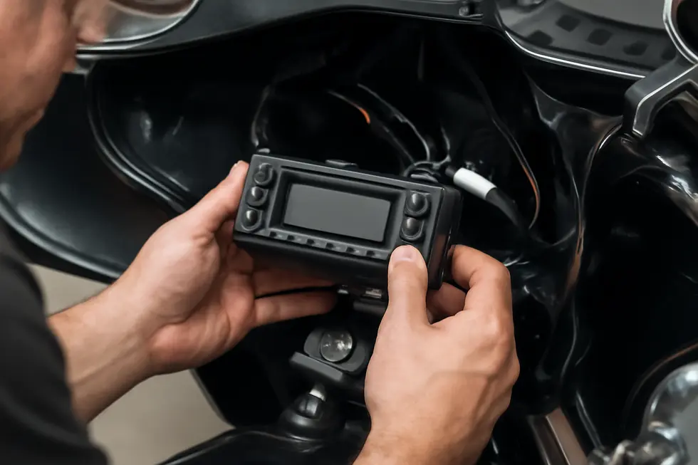 Detailed view of key technical aspects of a premium motorcycle fairing radio tailored for rider durability and functionality.