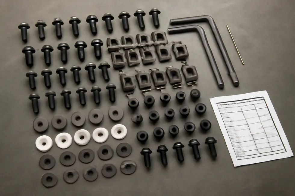 Close-up of diverse motorcycle fairing bolts showcasing high-grade aluminum and stainless steel materials with colorful anodized finishes.