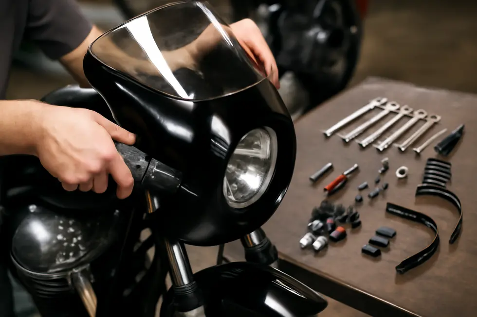 Universal motorcycle fairings fitting various major brand motorcycles using adjustable mounts and hardware.