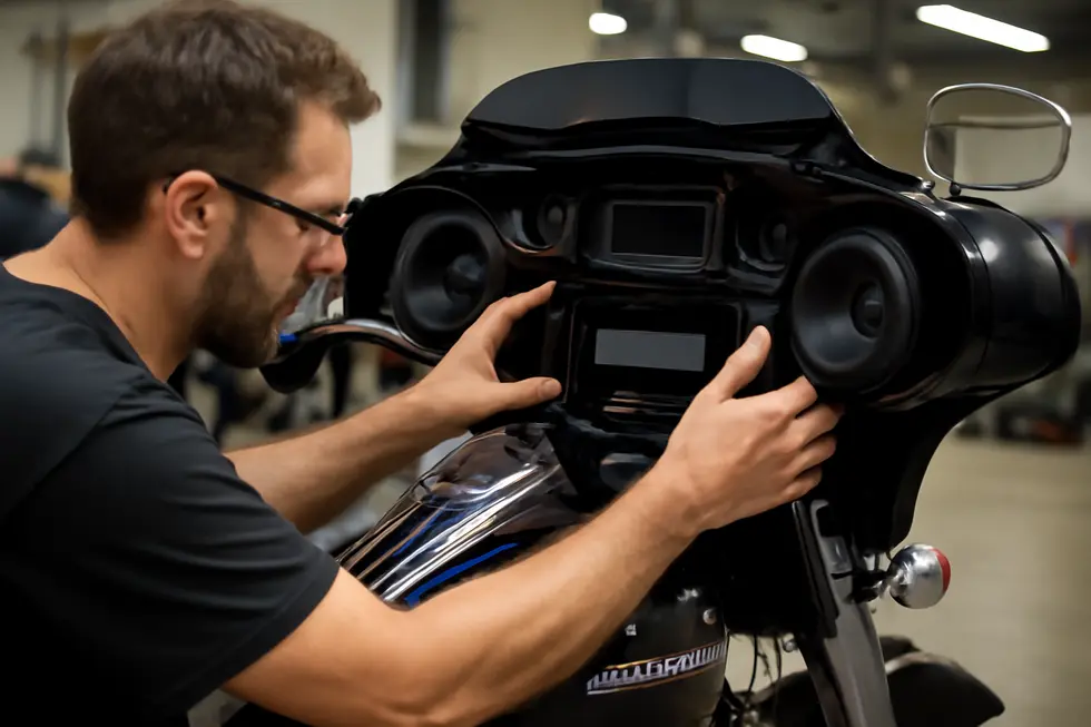 Close-up of a motorcycle fairing stereo system showcasing a waterproof touchscreen and integrated speakers illustrating modern technology.