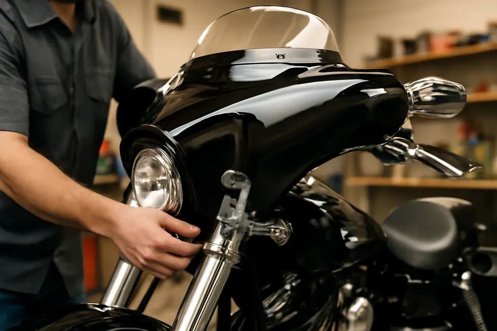 Detachable motorcycle fairings designed for compatibility with Harley-Davidson models emphasizing adjustable mounts and customizable shields.