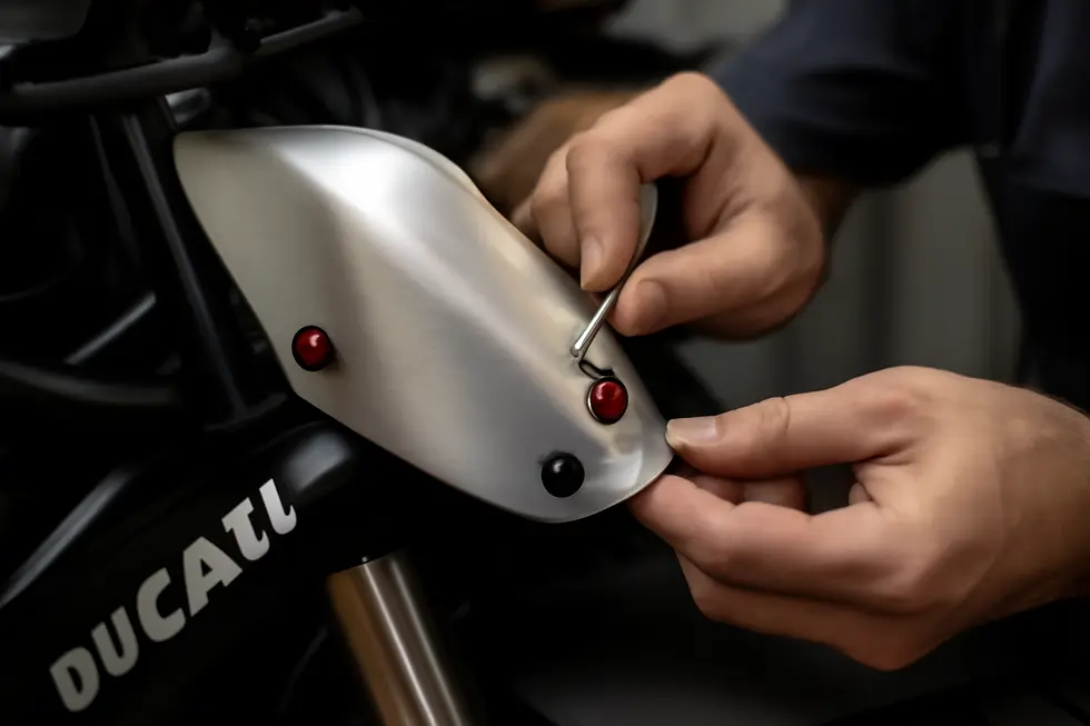 A detailed close-up of the materials and structural components forming a precision aluminum motorcycle fairing.