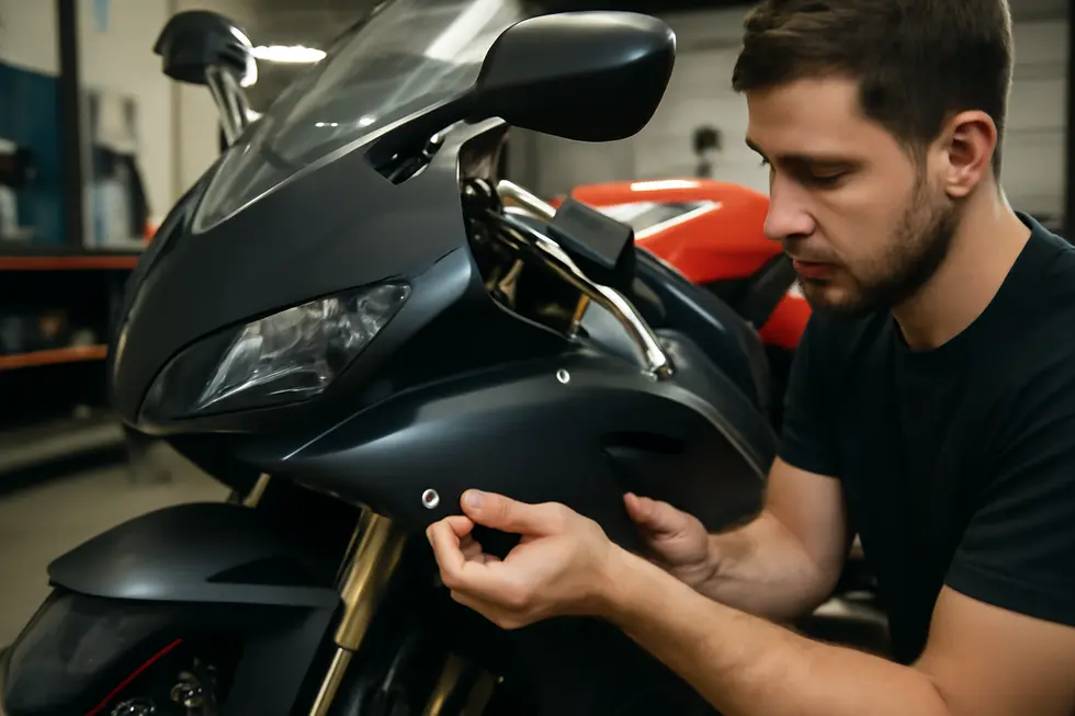 Technician cautiously removes motorcycle fairing bolts to prepare for repair without causing further damage.
