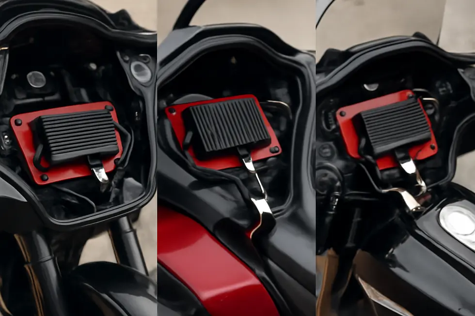 A compact, weather-resistant amplifier flawlessly integrated into a motorcycle fairing, showcasing durability and design.