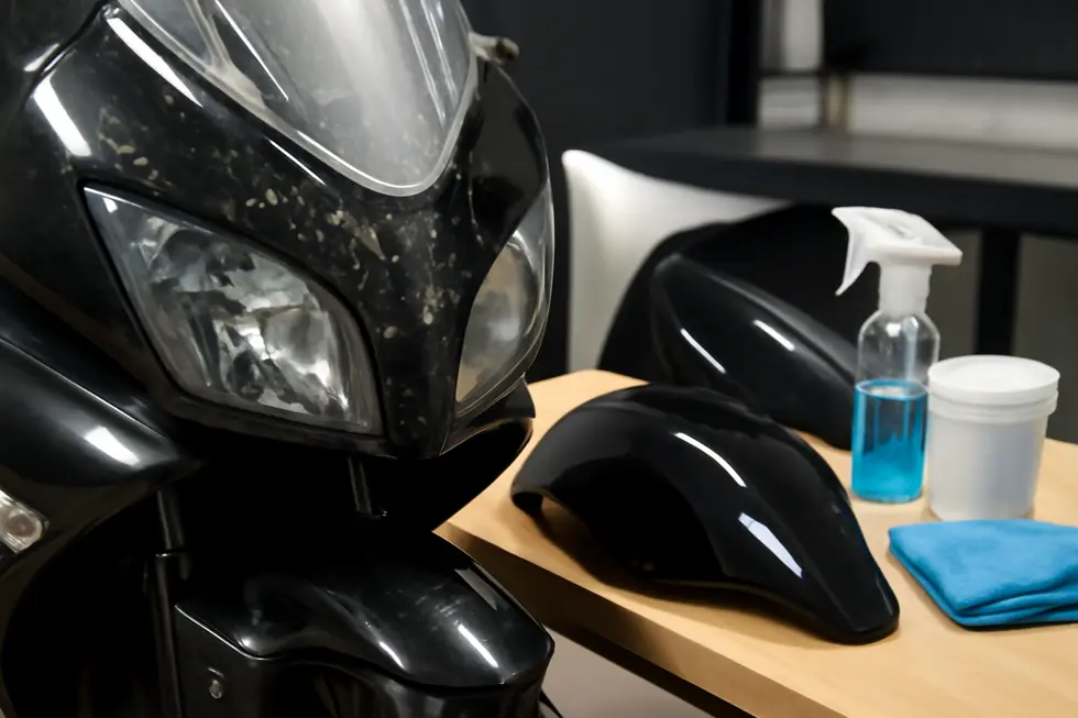 A detailed view of buggy motorcycle fairings alongside cleaning products, highlighting the challenge of bug residue removal.