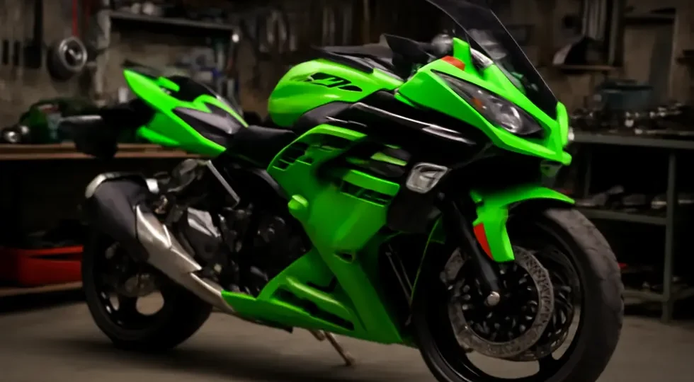 Kawasaki Ninja motorcycle showcasing premium fairings in a high-quality workshop environment.