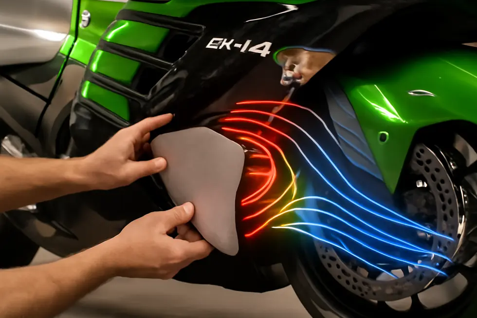 Detailed view of diverse materials used in motorcycle fairing heat shields highlighting design and durability factors.