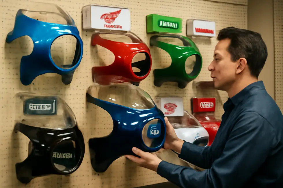 Detailed view of vintage motorcycle fairings highlighting retro designs and modern materials in a workshop setting.