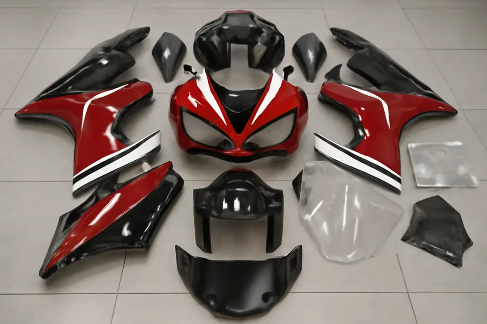 A workshop displays durable ABS plastic fairings from leading budget-friendly motorcycle fairing brands.