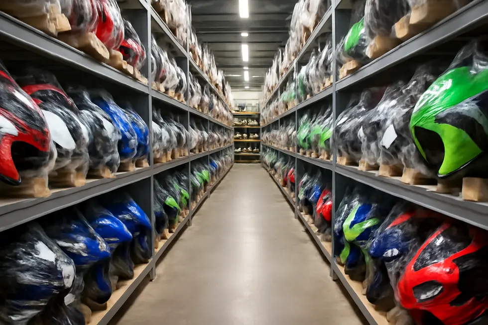 Kings Motorcycle Fairings warehouse displaying extensive OEM fitment fairing kits for multiple motorcycle brands.