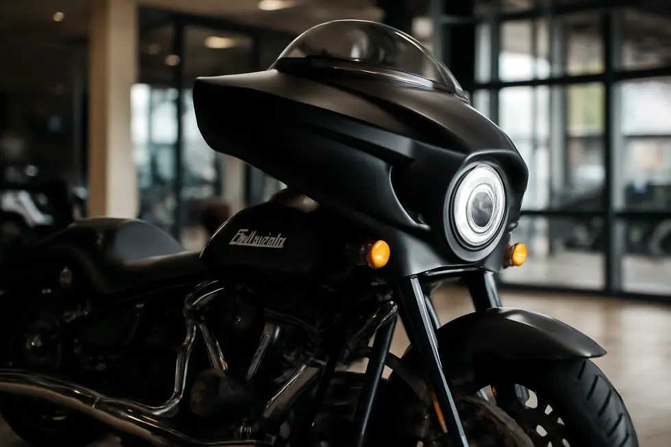 Indian motorcycle fixed fairing improving rider comfort and aerodynamic efficiency on a highway.