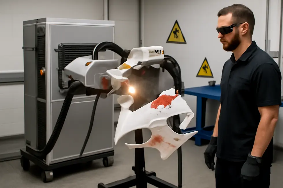 A technician safely applying plastic-safe chemical paint stripper to remove paint from a motorcycle fairing.