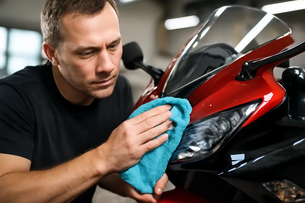 Initial cleaning and scratch depth assessment on a motorcycle fairing in a professional workshop.