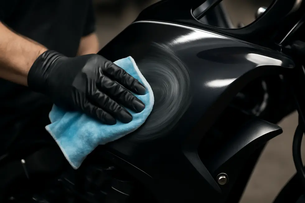 Technician cleaning a motorcycle fairing meticulously, preparing the surface for scratch repair.