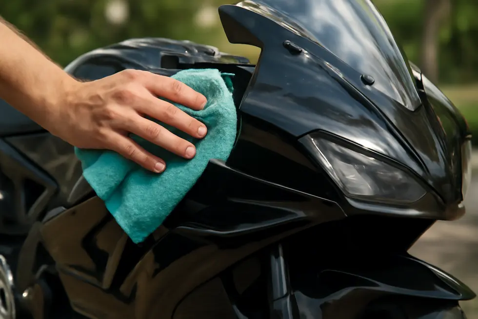 A photo illustrating the aerodynamic design features of a motorcycle fairing in a detailed workshop environment.