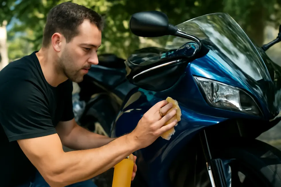 Essential cleaning materials arranged for safe and effective motorcycle fairing care.