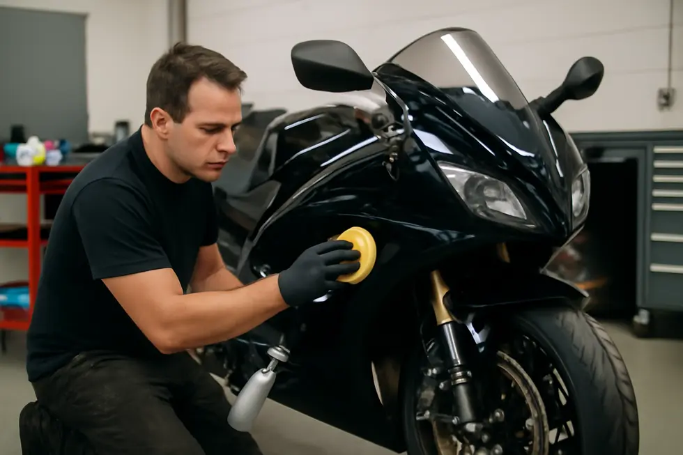 A detailed view of buggy motorcycle fairings alongside cleaning products, highlighting the challenge of bug residue removal.