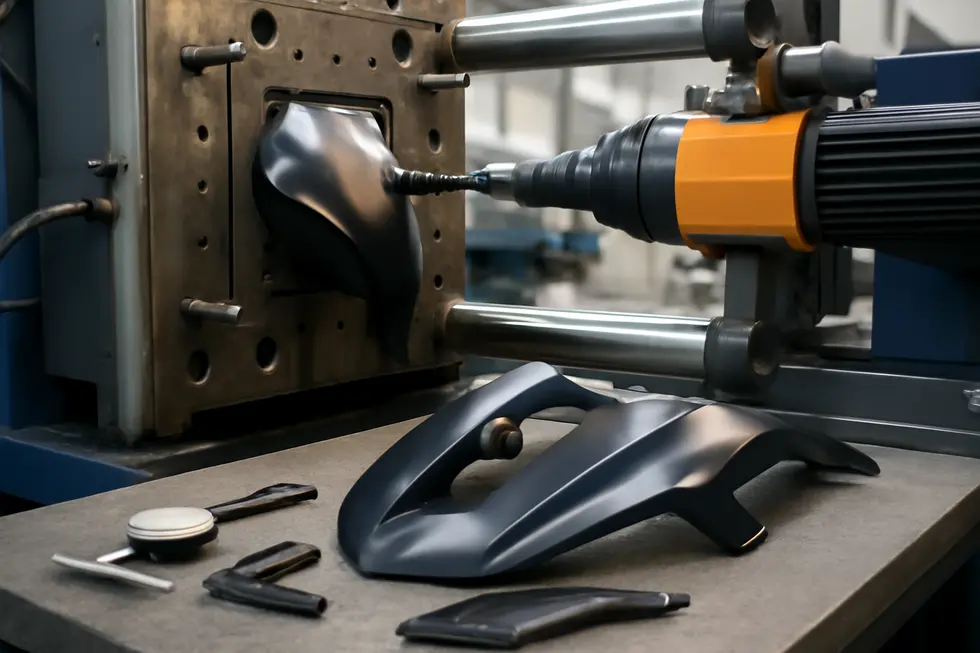Injection molding of high-grade ABS motorcycle fairing panels ensures durability and precise fitment.