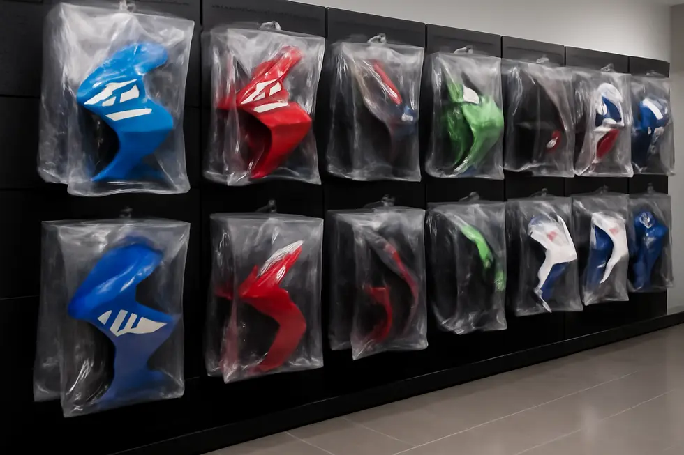 Close-up of a durable ABS plastic motorcycle fairing showcasing material quality and toughness.