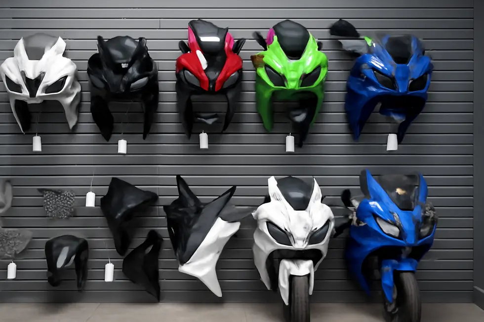 Universal motorcycle fairing kits demonstrating various adjustable components designed for multi-brand compatibility.