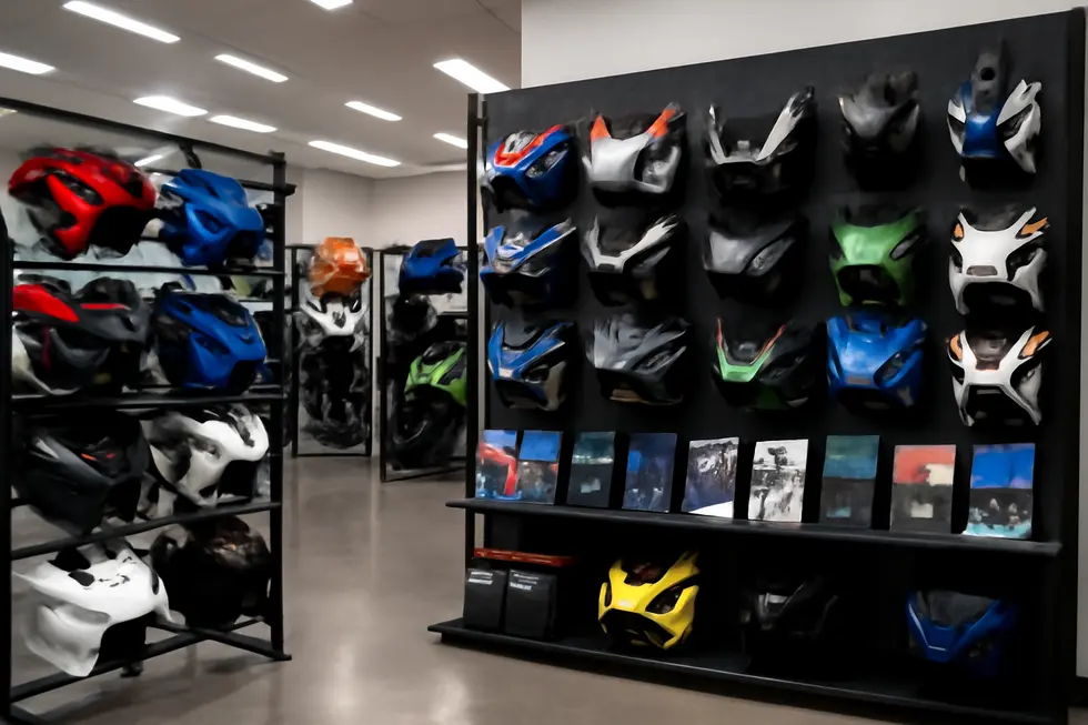 A motorcycle fairings showroom displaying a diverse range of styles and brands representing key market players.