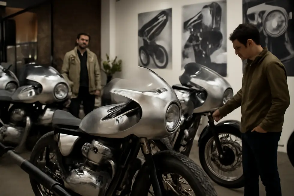 Artisan crafting a premium aluminium motorcycle fairing illustrating precision design and robust construction.