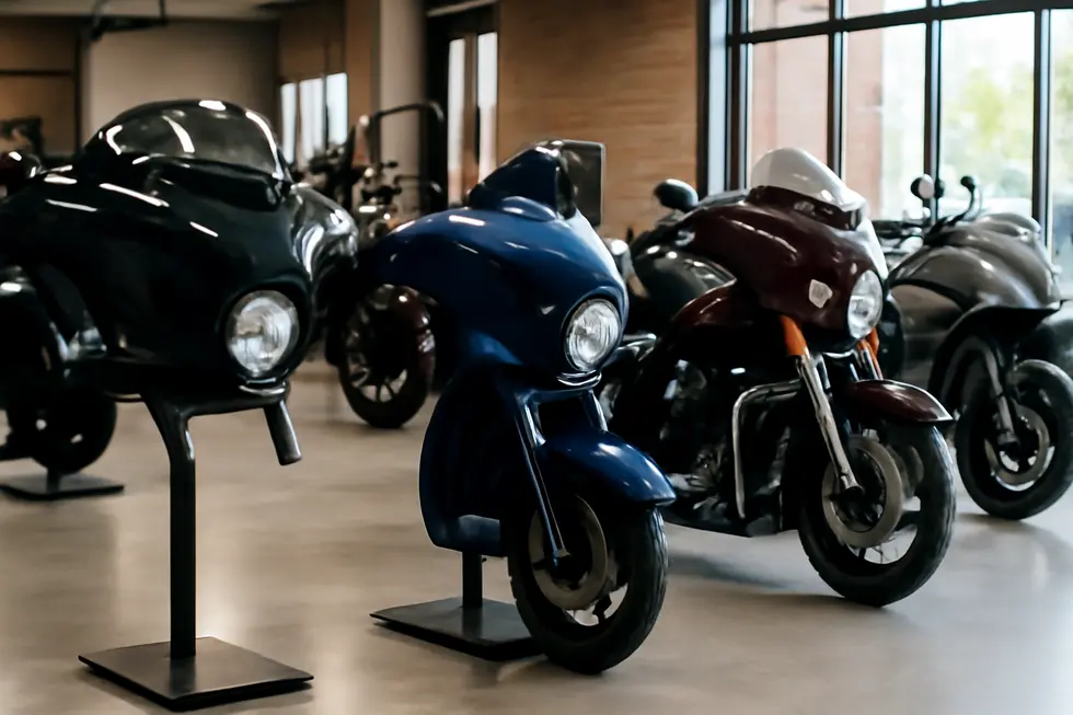 A diverse range of motorcycle fairings showcased in a retail environment with no direct representation of an ‘Airstream’ brand.