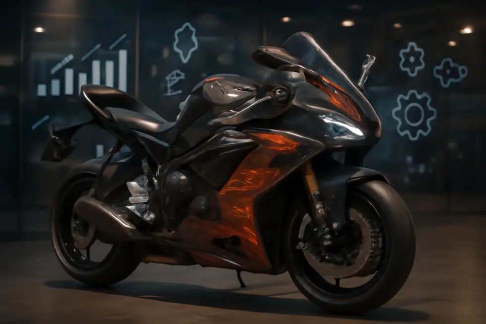 An airbrush artist applying multi-layered automotive-grade paint on durable ABS plastic motorcycle fairings, emphasizing precision and craftsmanship.