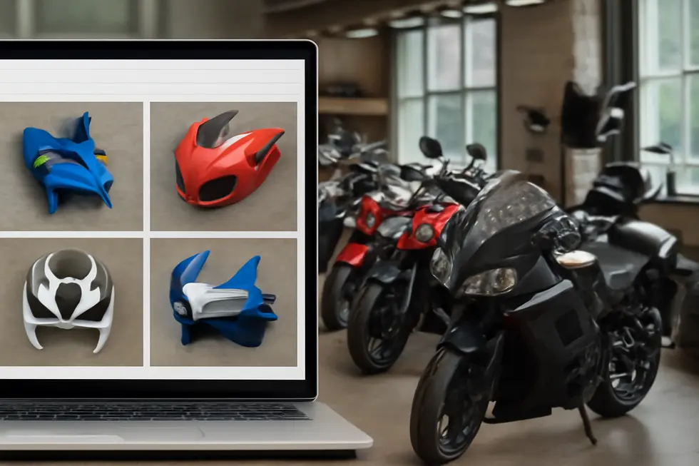 A salvage yard showcasing the sourcing of used motorcycle fairings from pre-owned and decommissioned bikes.