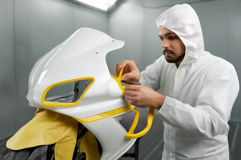 Thorough cleaning eliminates dirt and grease to guarantee paint adhesion on motorcycle fairings.