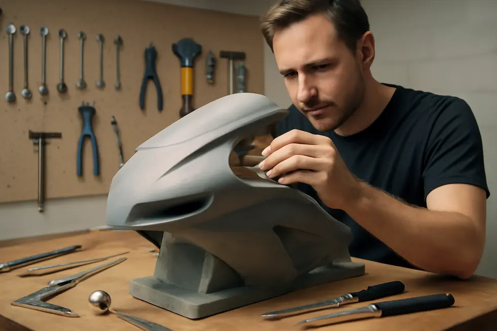 An artisan preparing a master motorcycle fairing model essential for mold making.