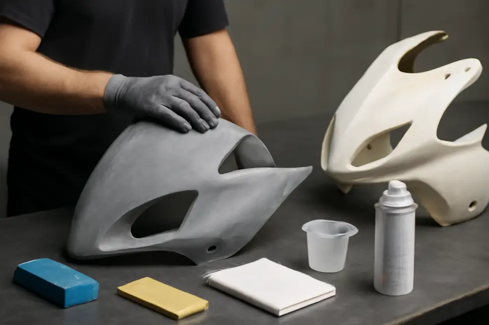 Technician preparing ABS plastic and fiberglass fairings for hydro dipping with surface cleaning and primer application.