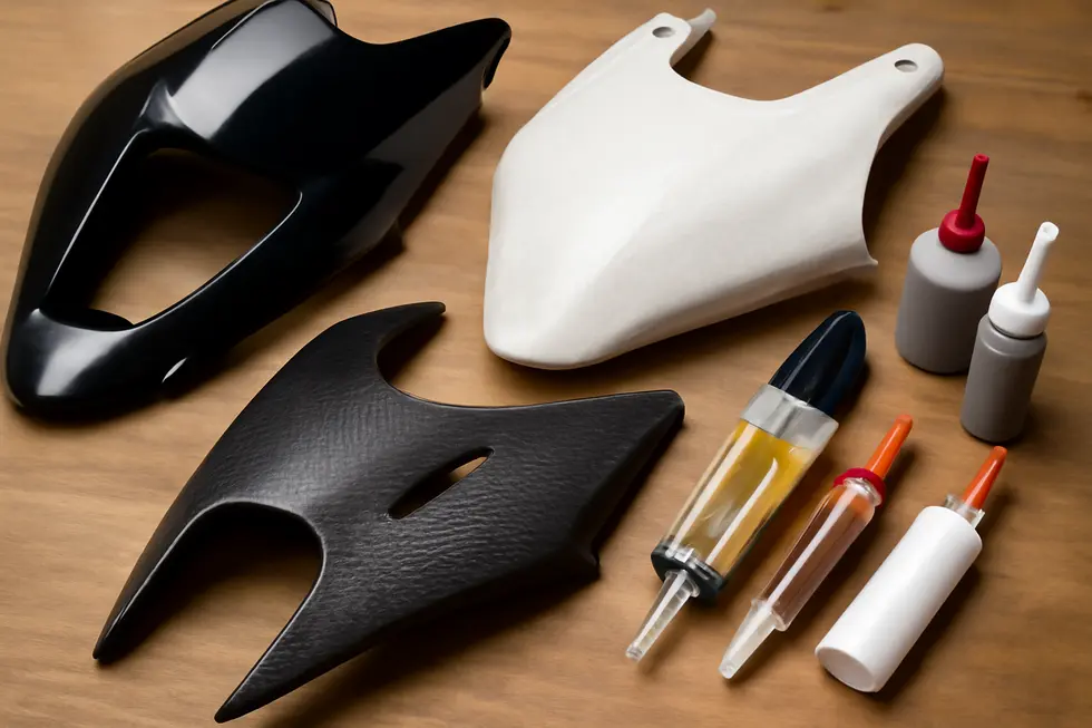 Different motorcycle fairing materials contrasted alongside epoxy adhesives suitable for each type.