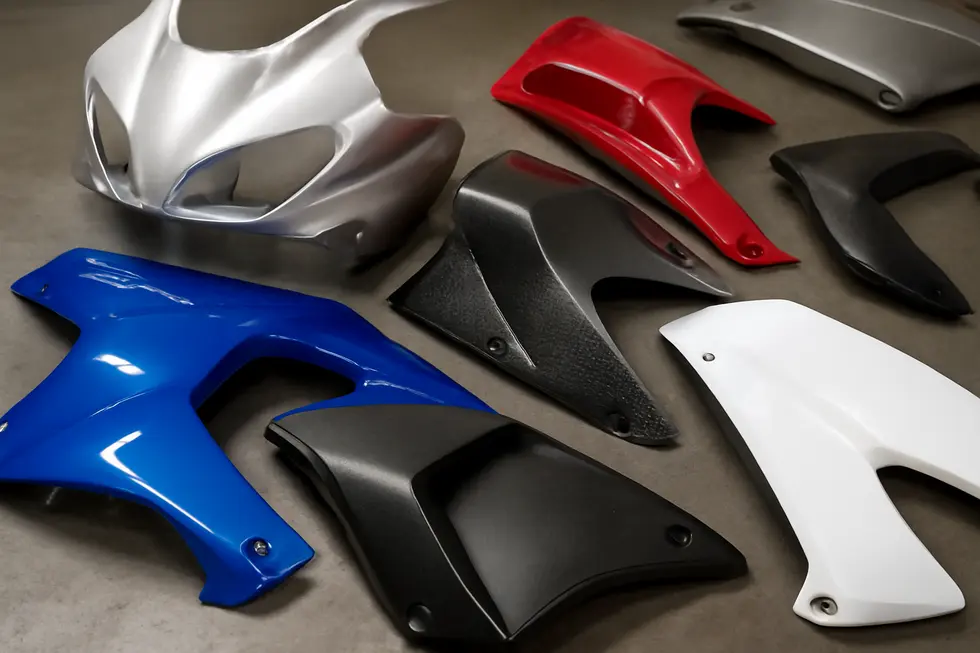 Detailed view of motorcycle fairing components displaying material variety and precision design features.