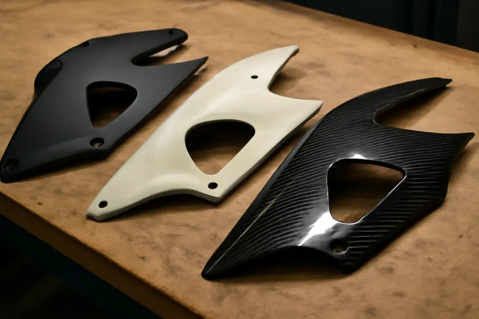 Comparison of ABS plastic, fiberglass, and carbon fiber fairings illustrating material-based cost differences.