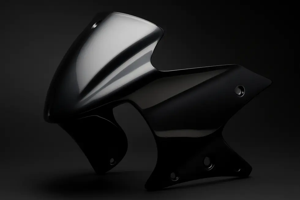 Front view of a motorcycle featuring a centrally aligned fairing with visible airflow streamlines illustrating aerodynamic symmetry.