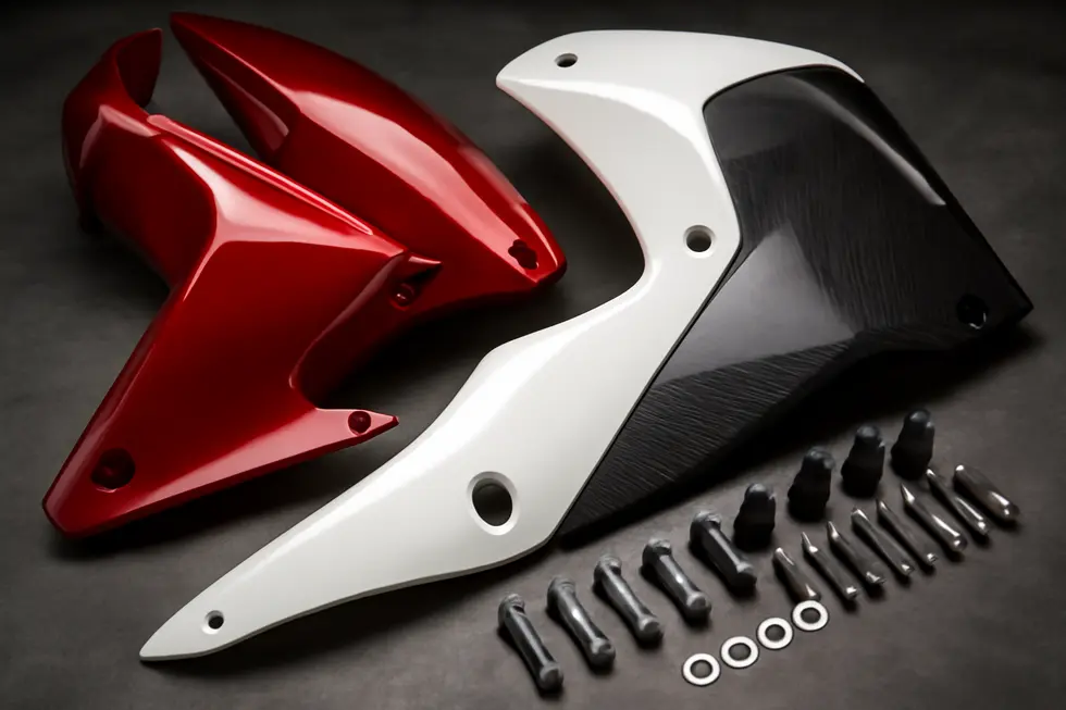 A motorcycle fairings showroom displaying a diverse range of styles and brands representing key market players.