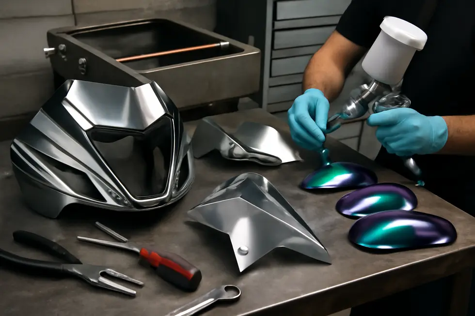 A motorcycle showcasing the mirror-like, reflective chrome fairings that dramatically enhance its visual appeal.