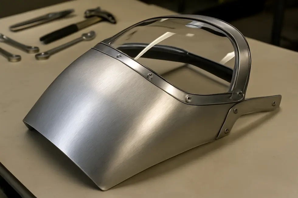 A detailed close-up of the materials and structural components forming a precision aluminum motorcycle fairing.