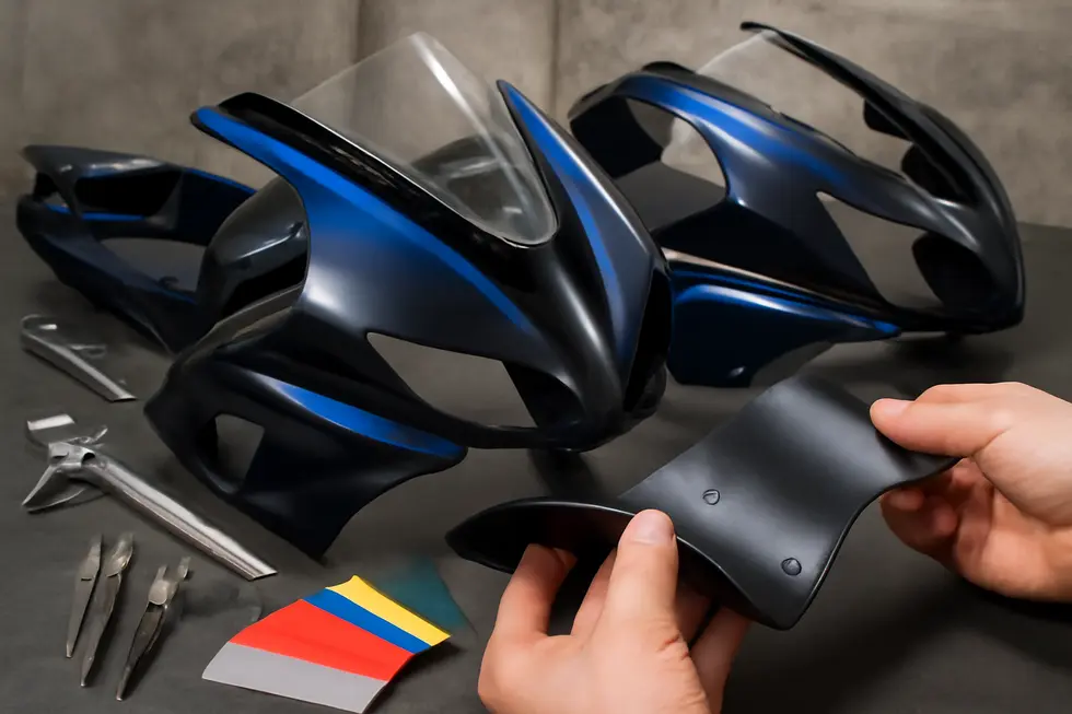 Injection-molded ABS plastic fairings with aerodynamic designs and OEM-level fitment showcased in a workshop.